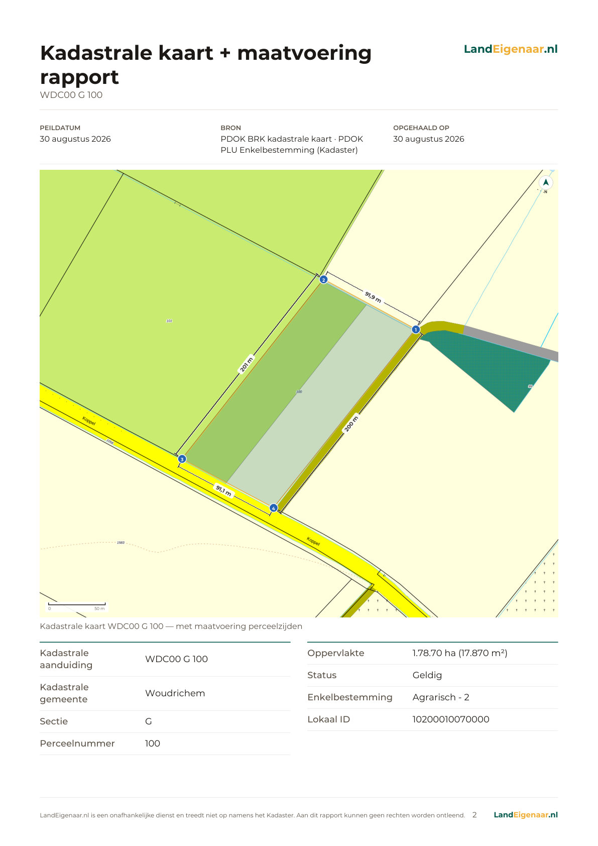 Voorbeeld pagina 2: Kadastrale kaart + maatvoering rapport