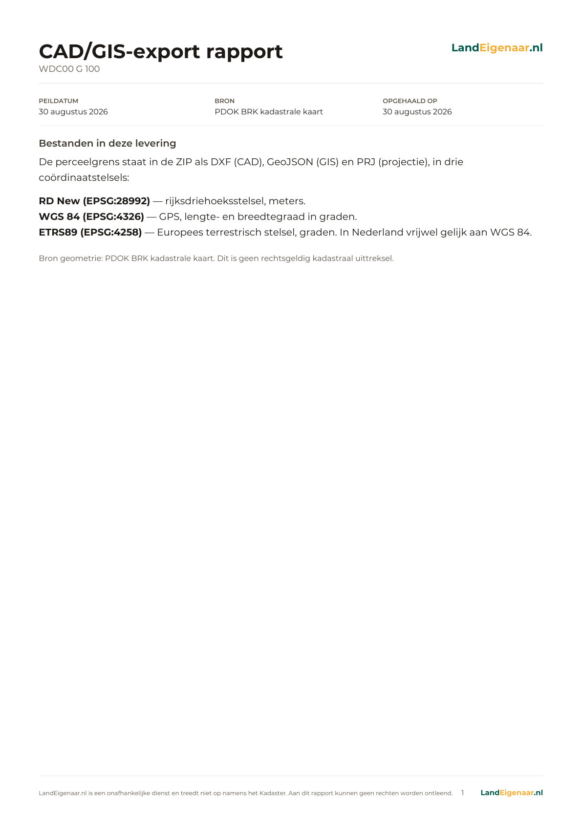 Voorbeeld pagina 1: CAD/GIS-export rapport